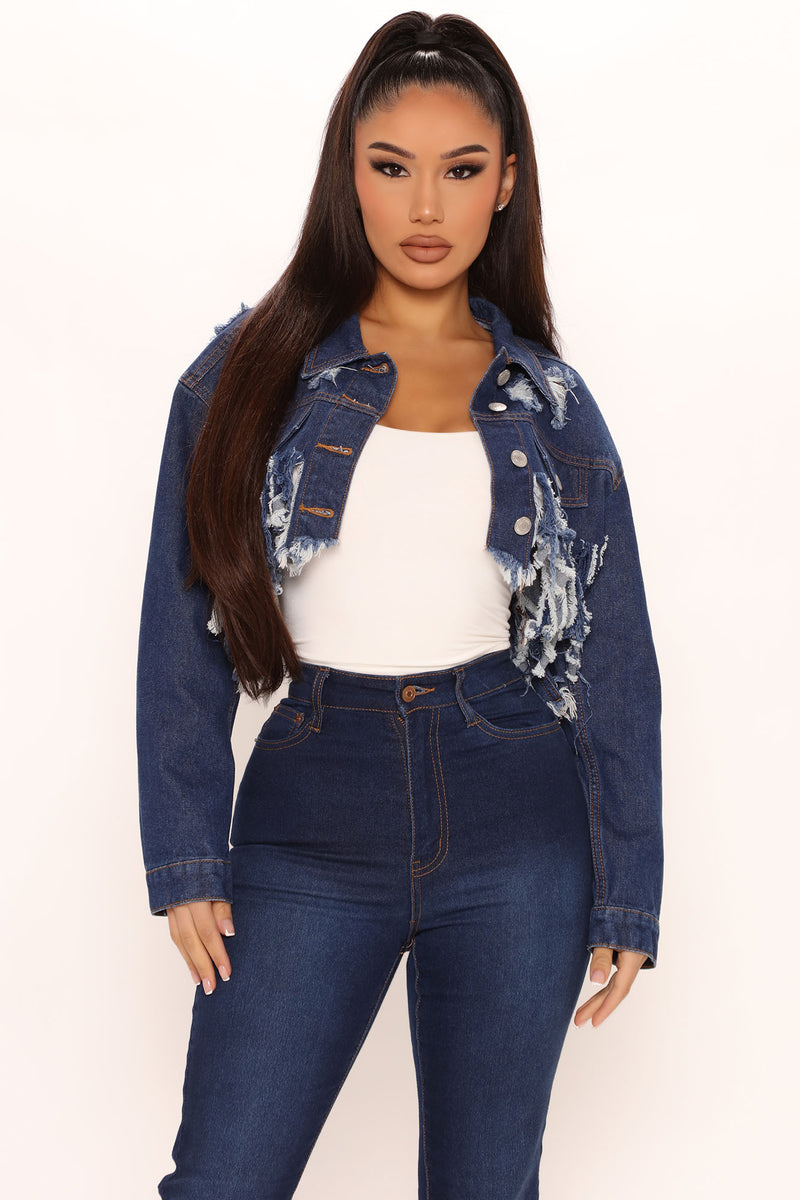 Frayed And Slayed Cropped Denim Jacket Dark Wash Fashion Nova