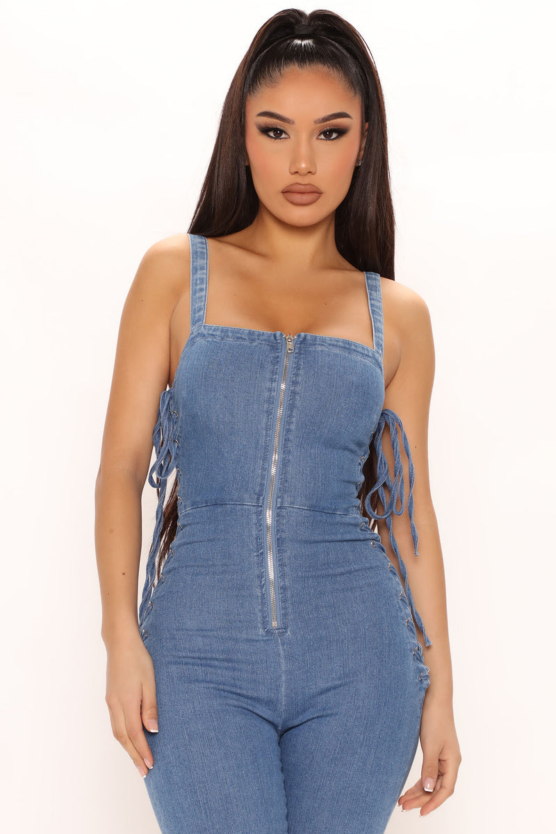 Tied Down Denim Jumpsuit Medium Wash