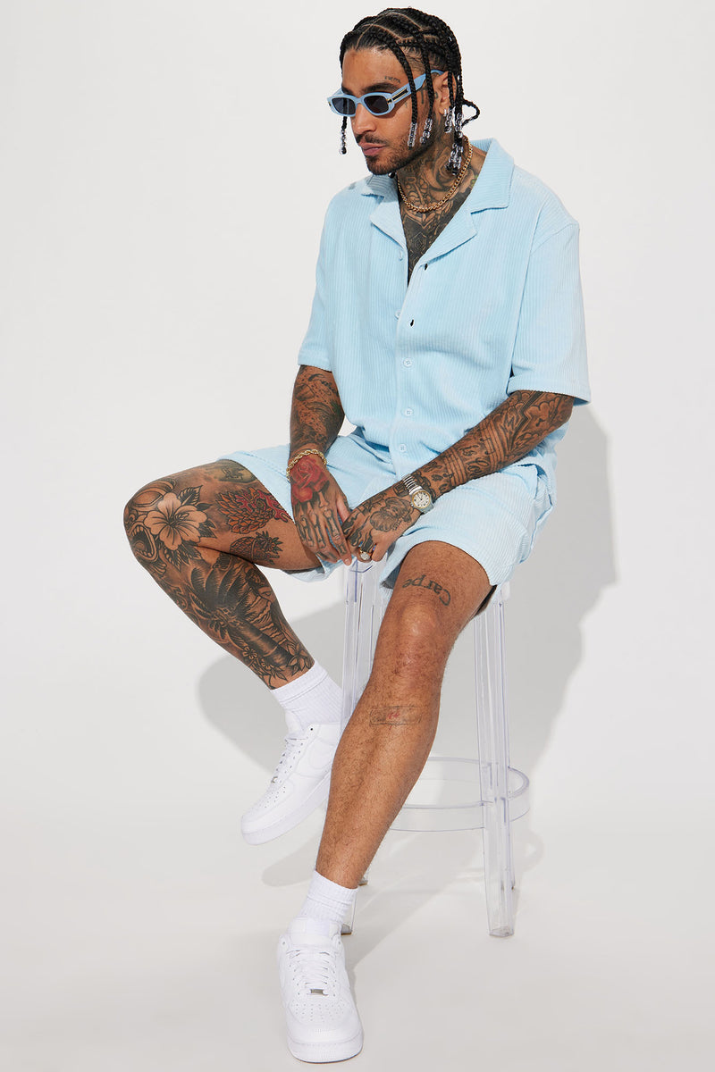 Luxury Knit Ribbed Short Sleeve Shirt - Light Blue