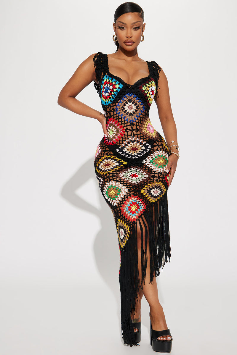 Coastal Cruise Crochet Maxi Dress - Black/combo, Fashion Nova, Dresses