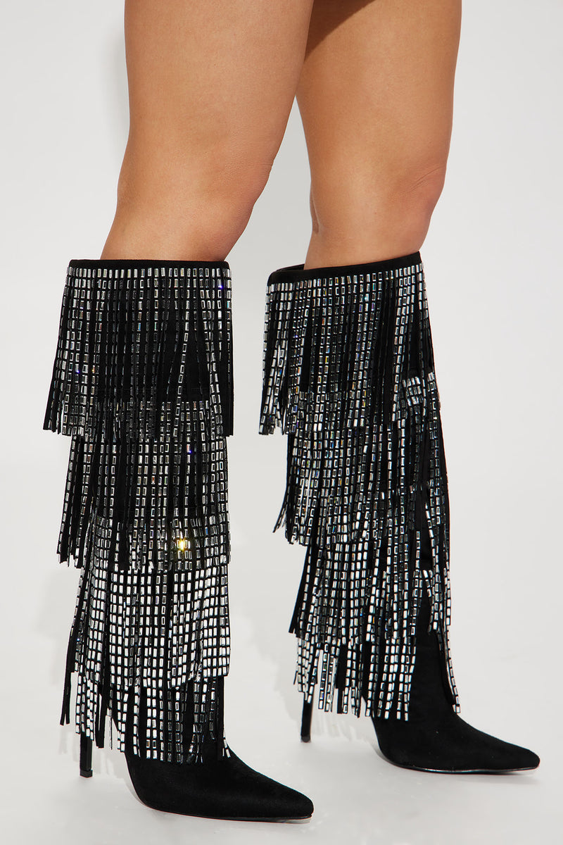 Eliza Embellished Fringe Boots Black Silver Fashion Nova