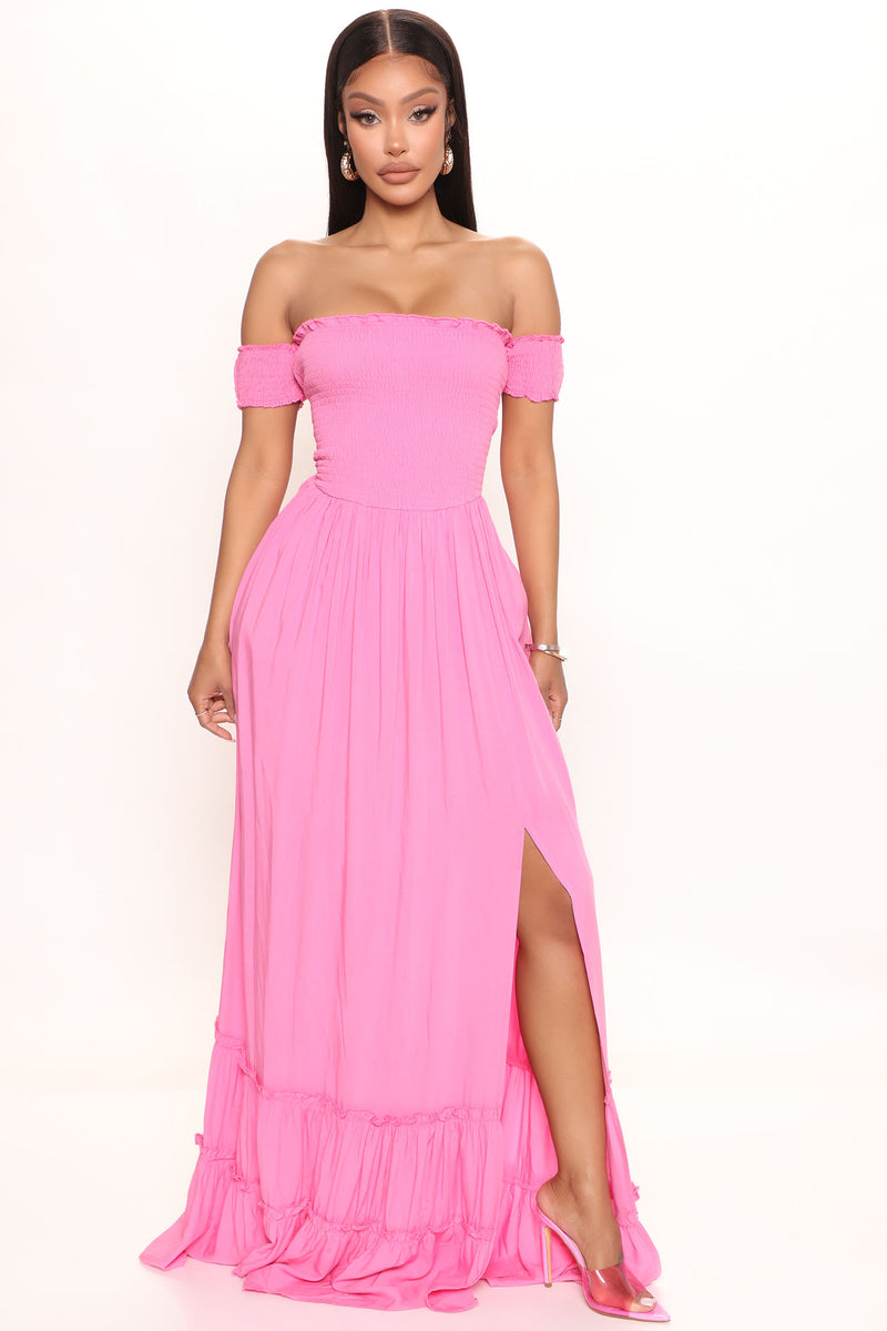 Off the shoulder pink dress best sale fashion nova