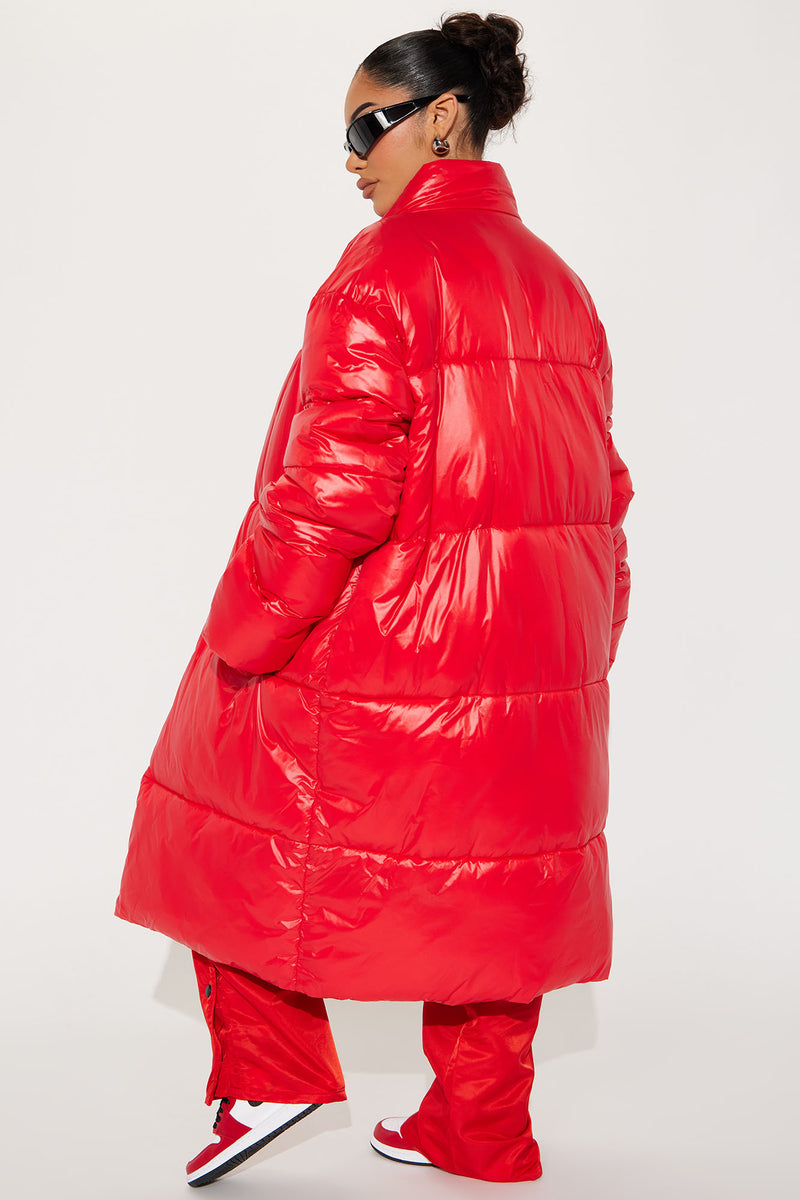 Long red shop puffer coat