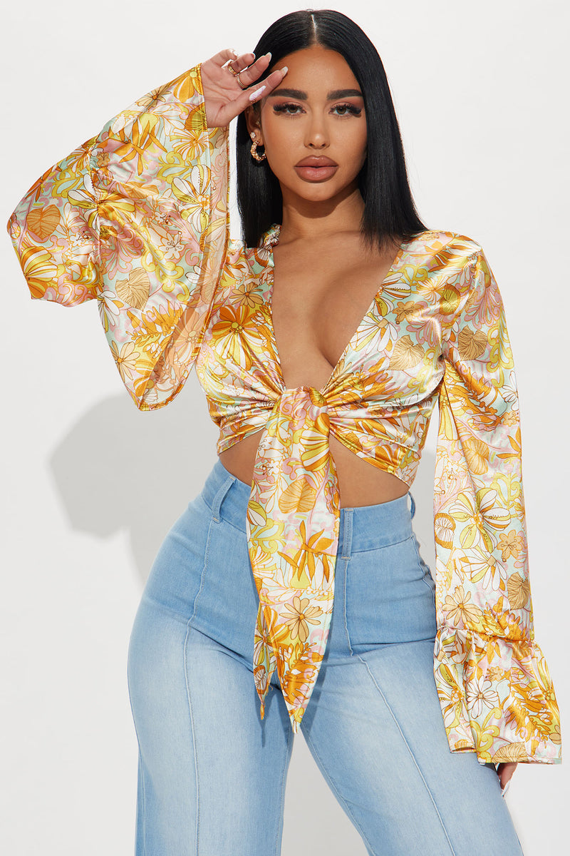 Exploring The Gardens Satin Blouse Top Multi Color