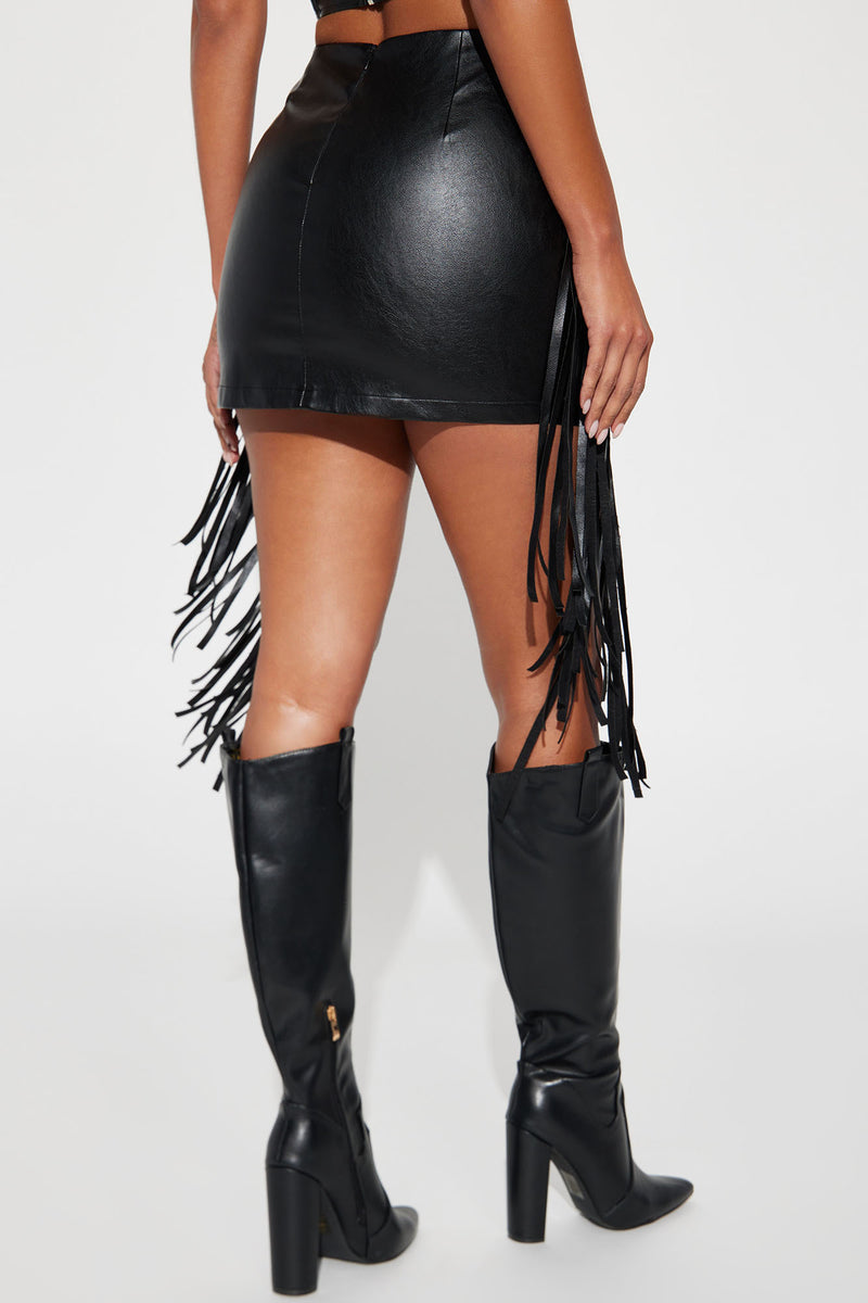 Black leather skirt with fringe sales