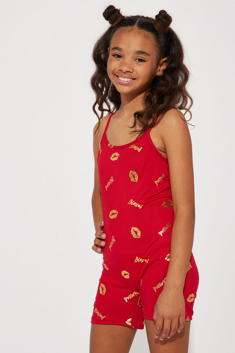 Mini Blessed And Favored Romper - Red Fashion Nova, Kids Jumpsuits & Rompers Fashion Nova