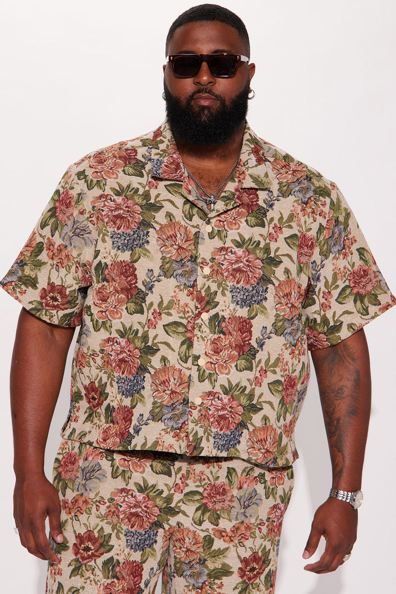 Flowers Blooming Cropped Tapestry Short Sleeve Button Up Shirt Multi