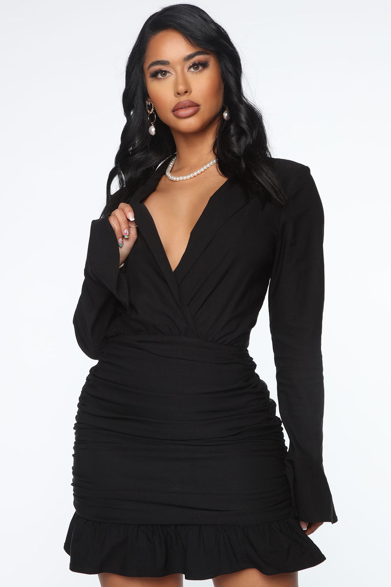 Doing Big Things Ruched Mini Dress - Black