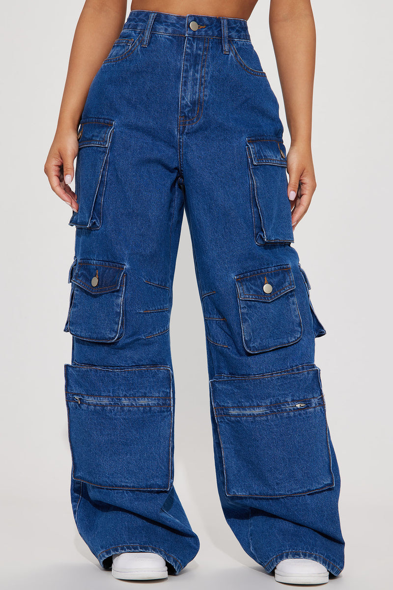 Don't You Worry Wide Leg Cargo Jeans - Medium Blue Wash