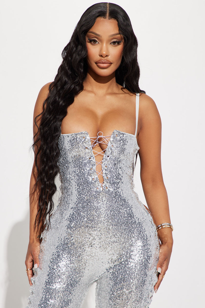 Madison Sequin Lace Up Jumpsuit Silver
