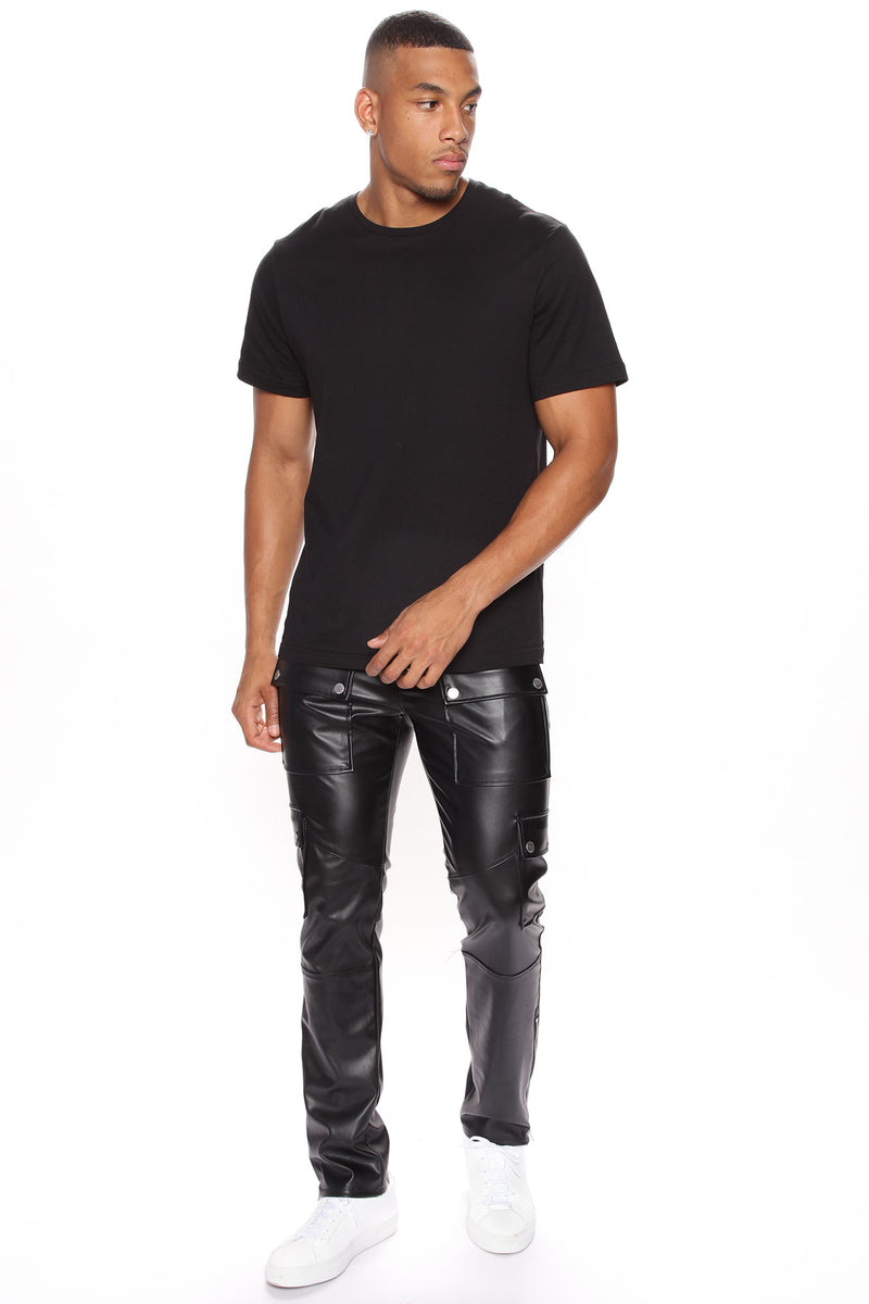 Cargo Slim Faux Leather Pants Black