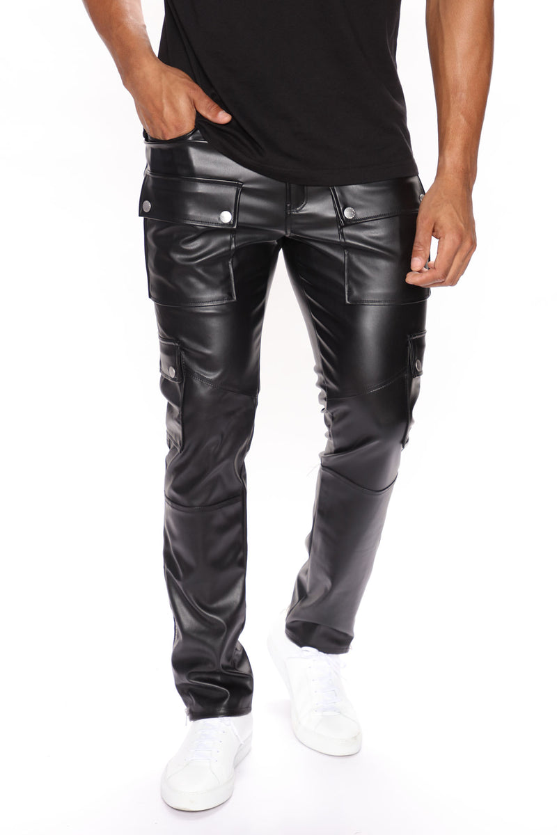Cargo Slim Faux Leather Pants Black