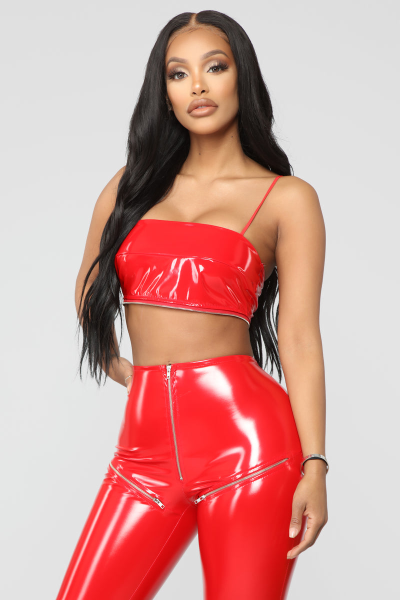 Red latex two piece top pants