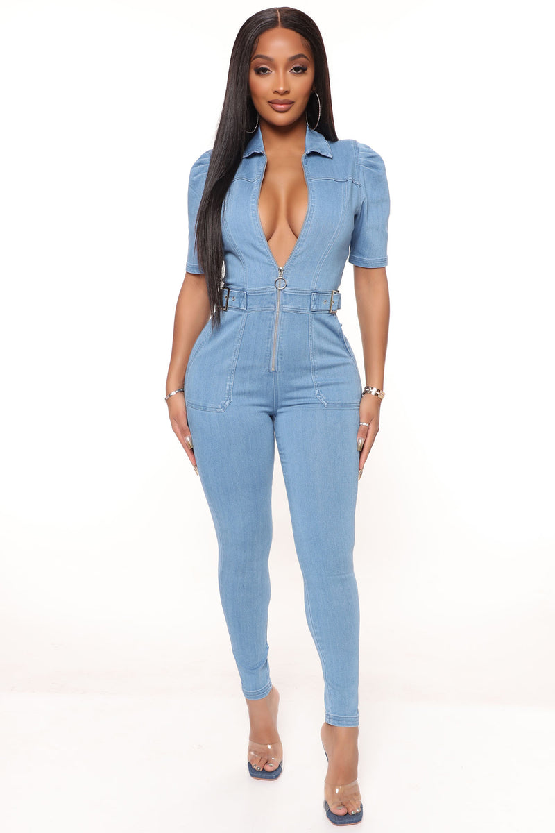 Short Sleeve Medium Wash Denim Jumpsuit