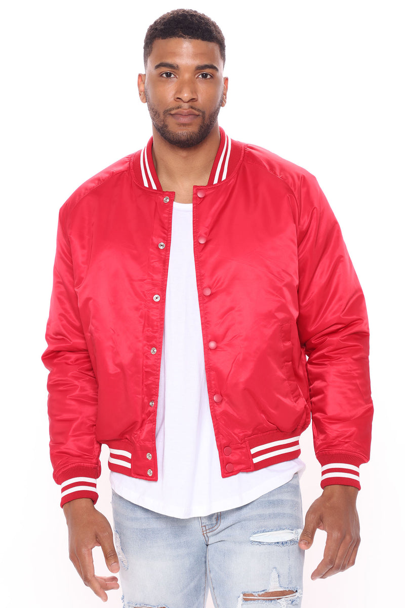Red varsity bomber jacket outlet