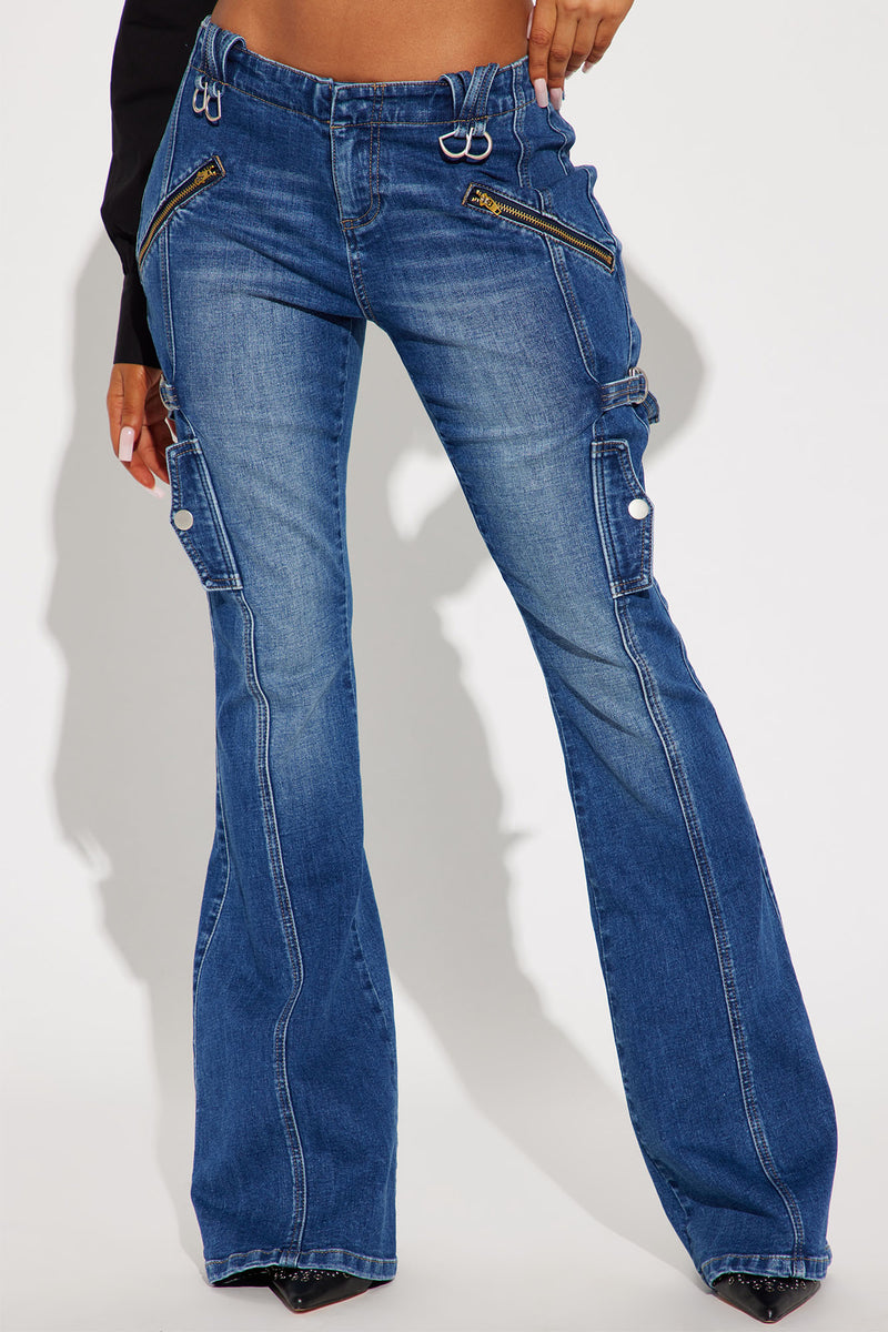Don't Think Twice Cargo Stretch Flare Jeans - Medium Wash, Fashion Nova,  Jeans