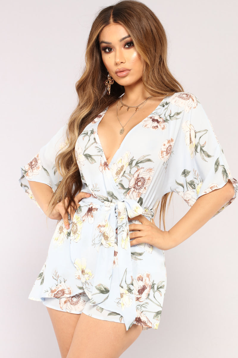 Beach Day Floral Romper - Light Blue | Fashion Nova, Rompers | Fashion Nova