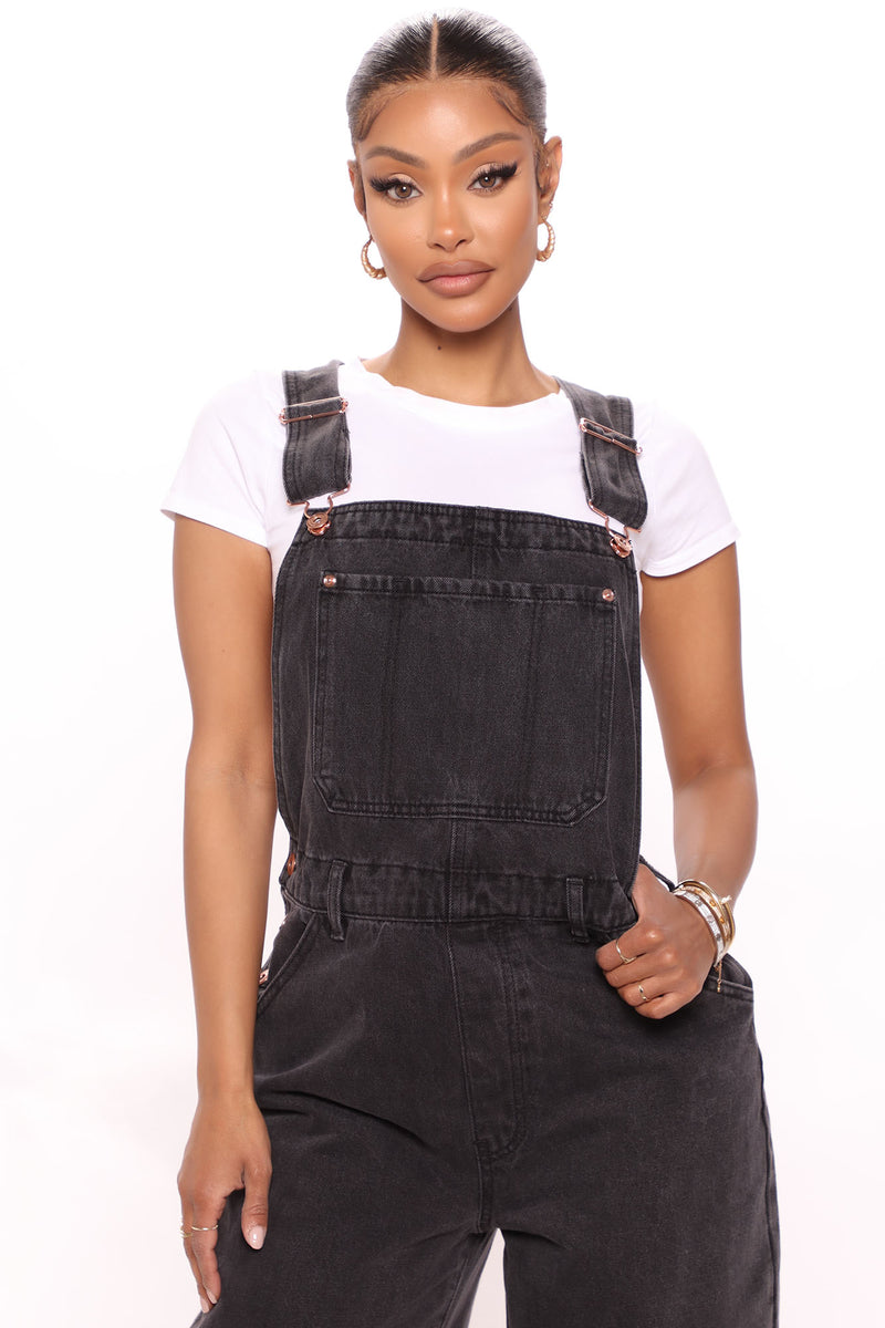 What s The Rush Slouchy Denim Overalls Black Fashion Nova