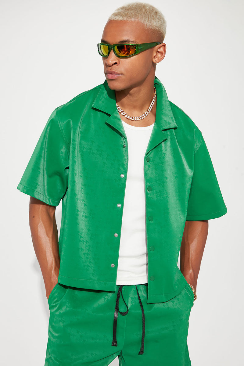 One And Only Houndstooth Faux Leather Cropped Button Up Shirt Green