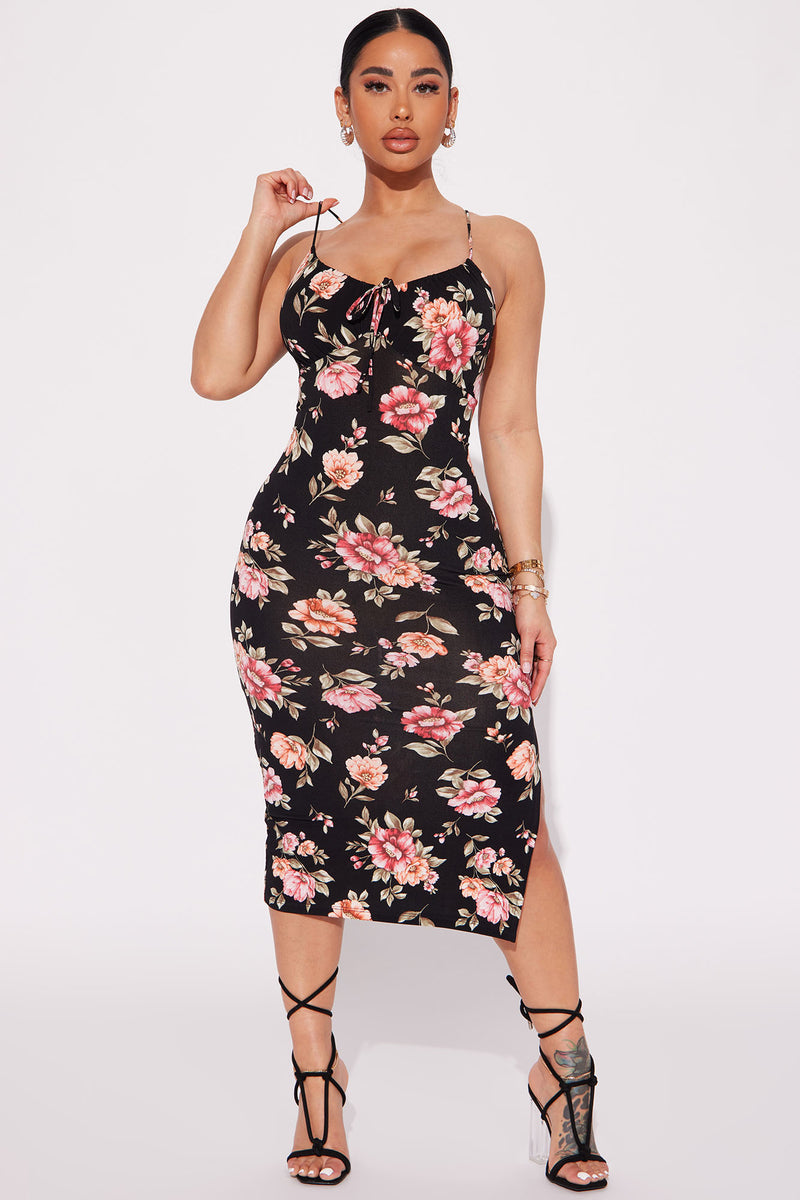Floral Lace Up Midi Dress Black