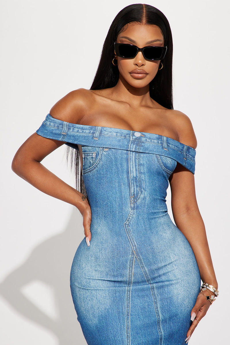 Off the shoulder on sale denim dress fashion nova