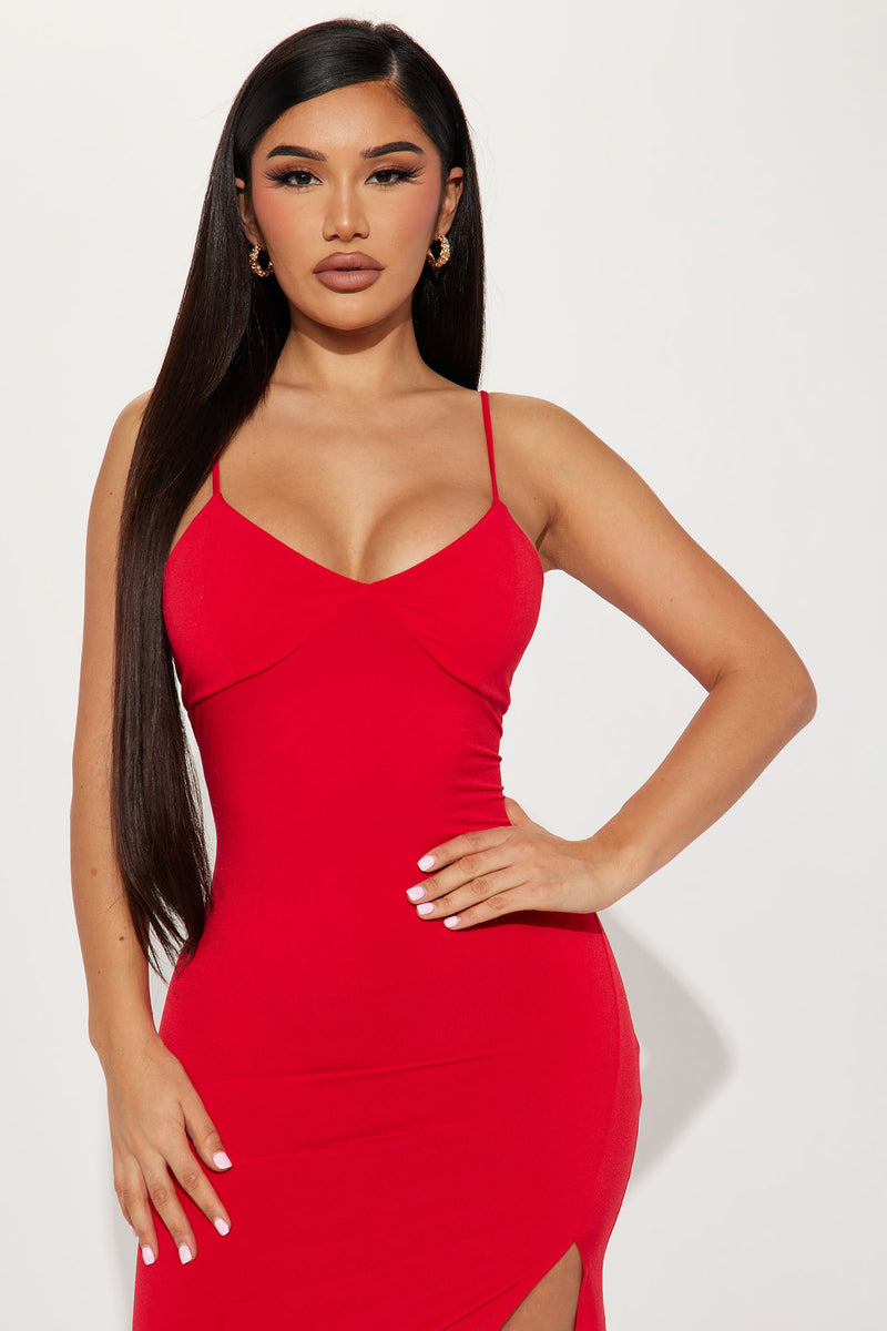 La Luxe Red Ribbed Spaghetti Strap Bodycon Midi Dress Medium