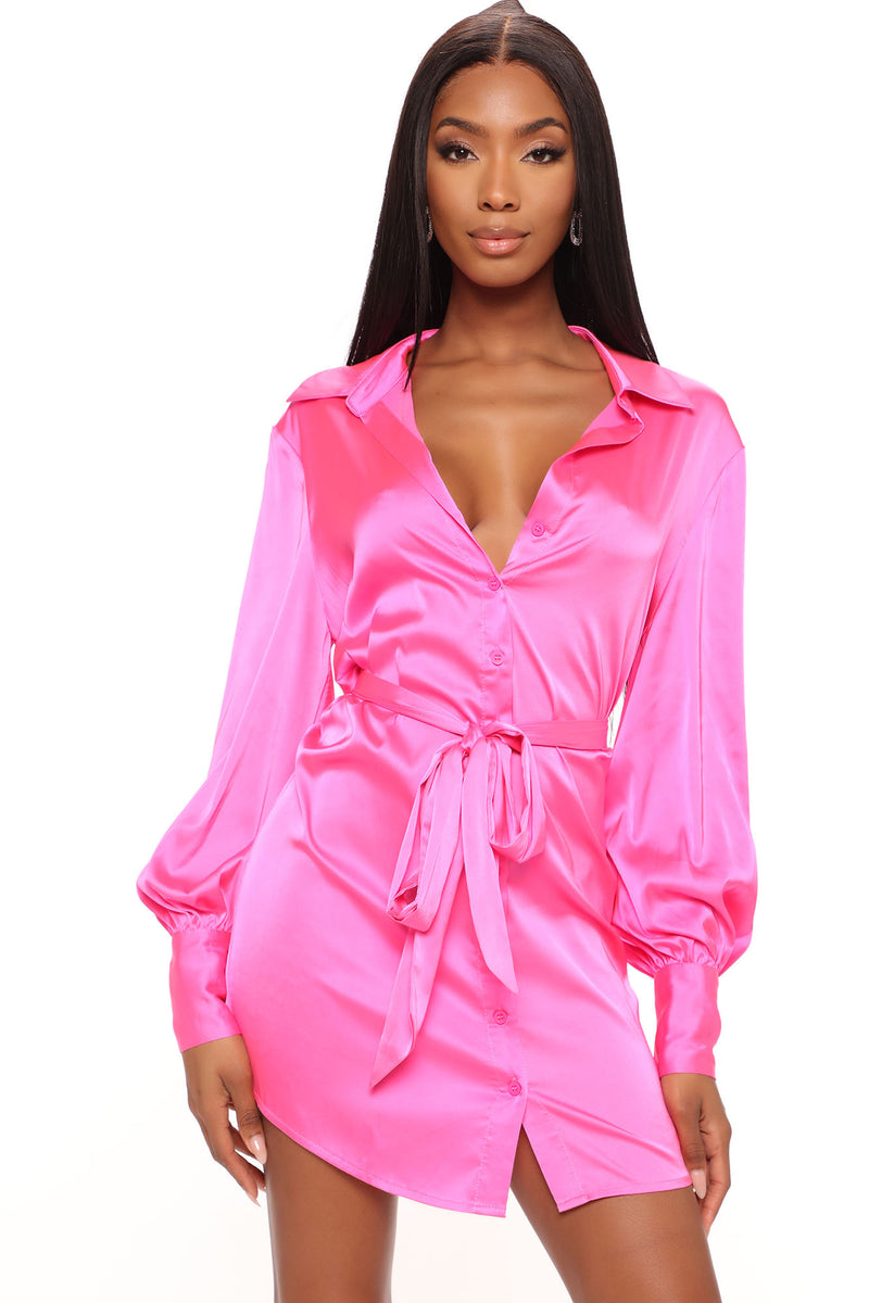 Tall Elyse Satin Shirt Dress Hot Pink Fashion Nova Dresses