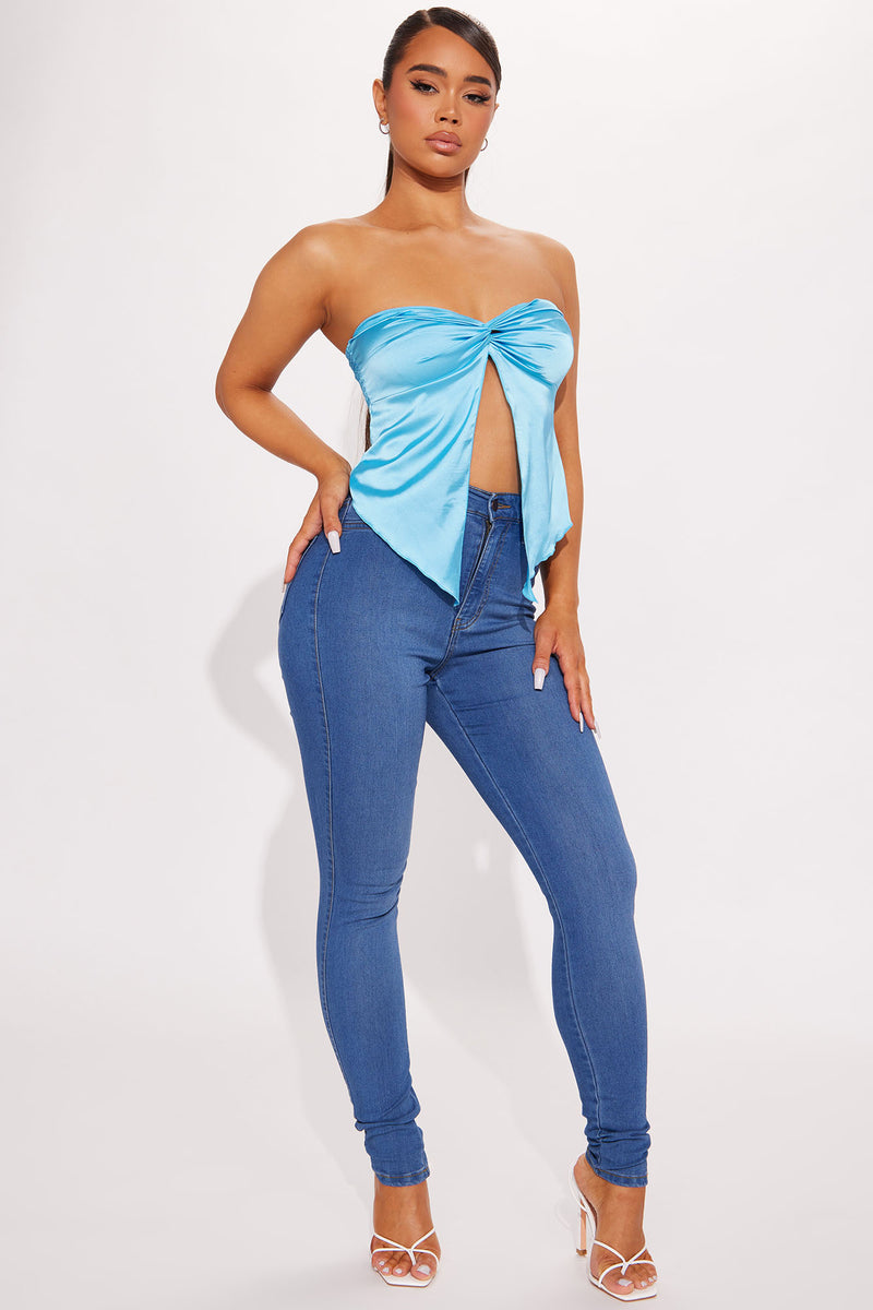 When The Party s Over Satin Tube Top Aqua