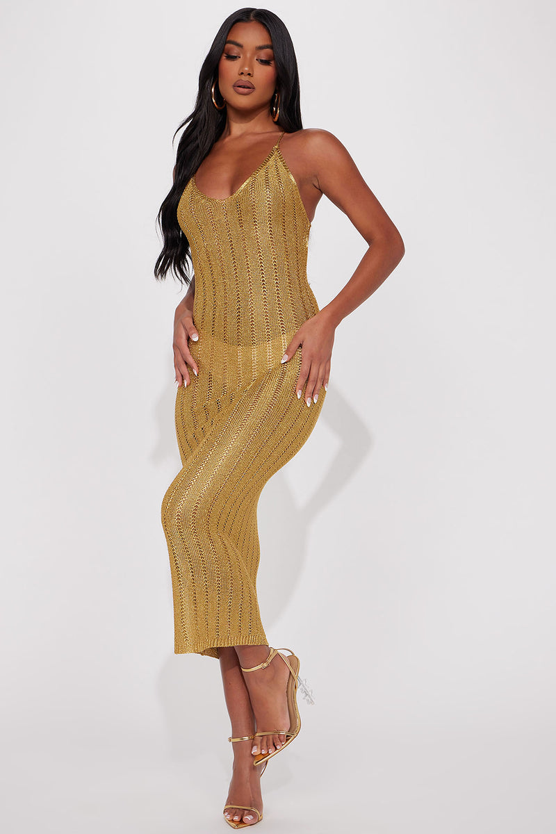 Keone Metallic Crochet Midi Dress Gold