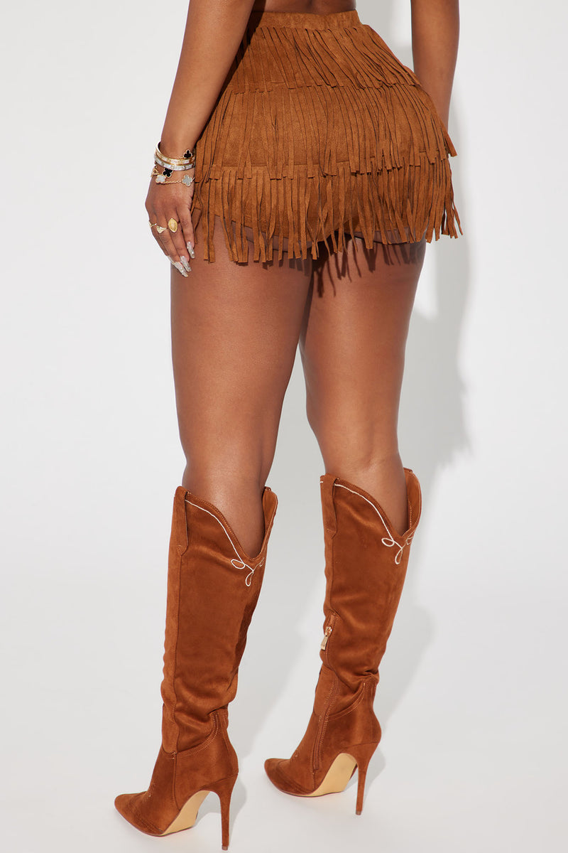 Camel Fringe Short Sleeve Knit Tee