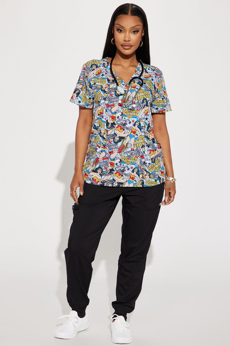 Iconic Wonder Woman Uniform Scrub Top Multi Color Fashion