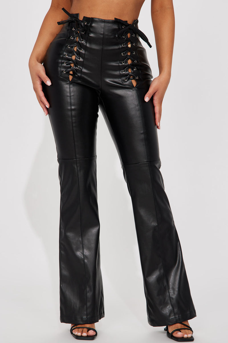 Faux Leather Lace Up Front Flared Pants