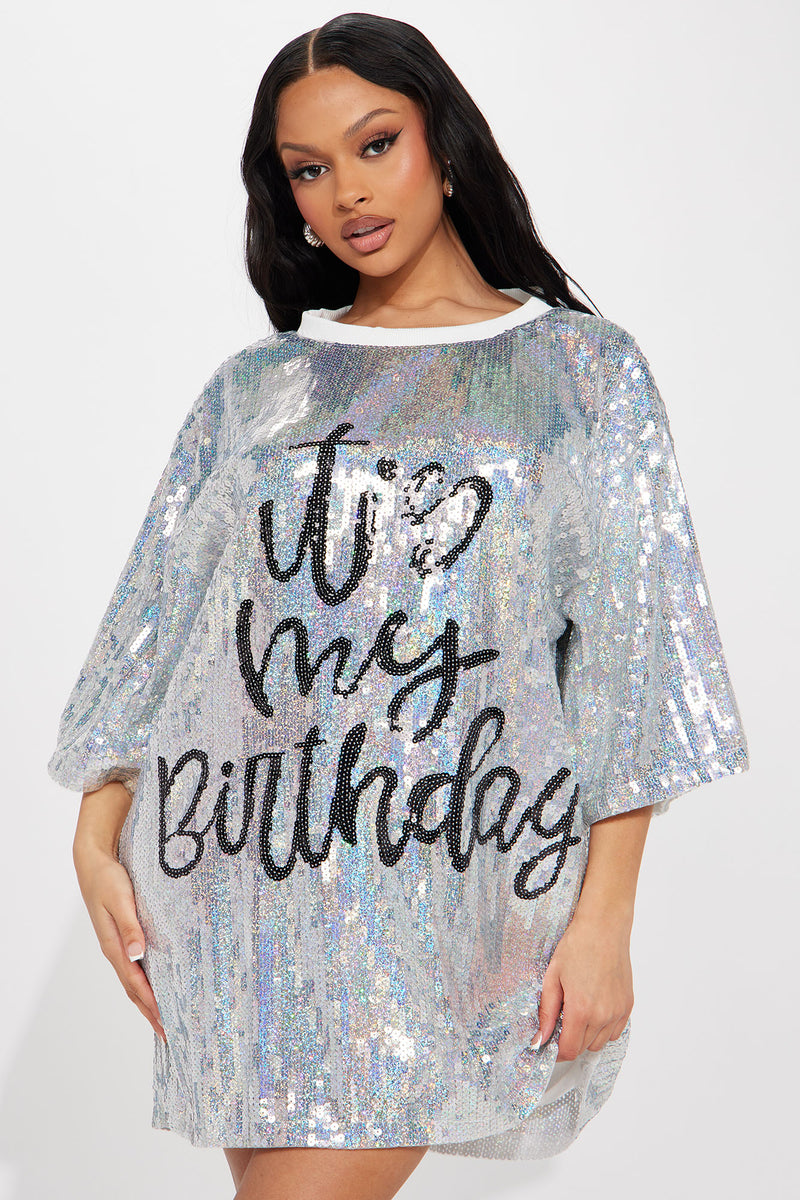Birthday Queen Sequin Shirt Dress Silver Black