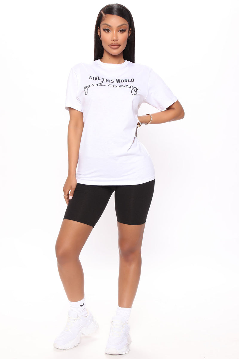 Give This World Good Energy Short Sleeve Top White Fashion Nova, Screens Tops and Bottoms