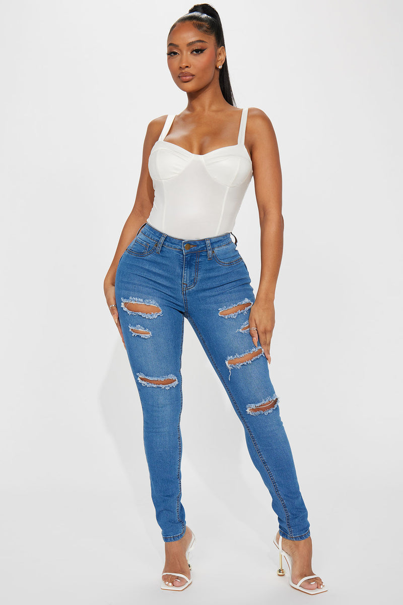 Women's All The Booty Ripped Skinny Jeans in Medium Blue Wash Size 1 by Fashion Nova