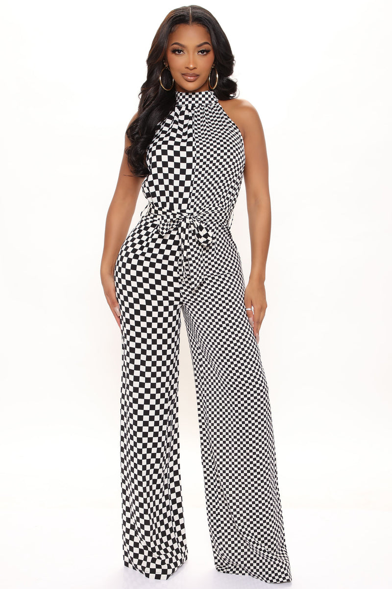 Check It Out Printed Jumpsuit Black White