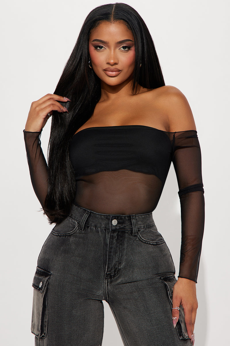 Black mesh off the shoulder top cheap