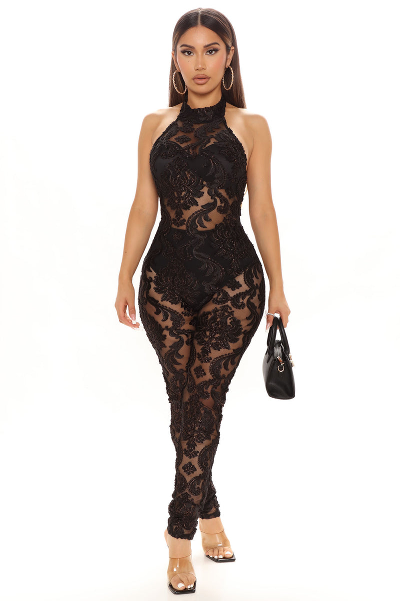 Black lace jumpsuit fashion nova clearance