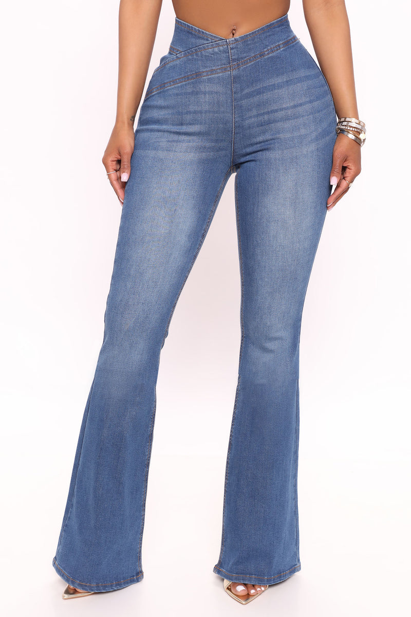 Effortless Pull On Flare Jeans Medium Blue Wash