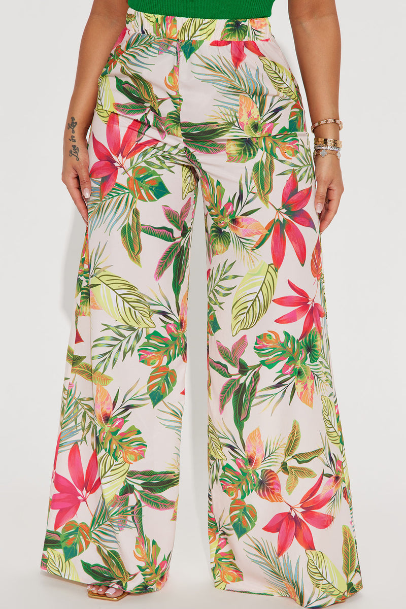 WDIRARA Women's Plus Size Tropical Print Paper Bag Waist Wide Leg Belted  Pants