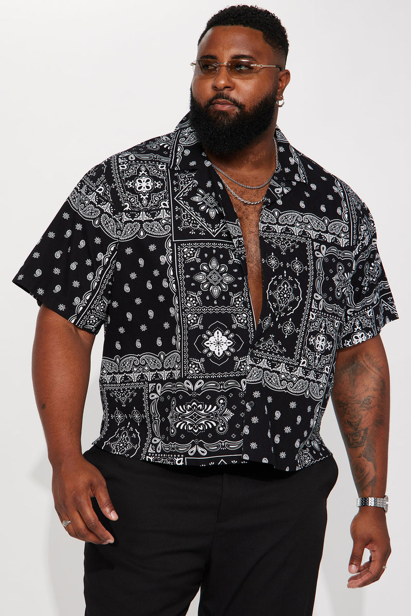 Paisley Collage Short Sleeve Button Up Black