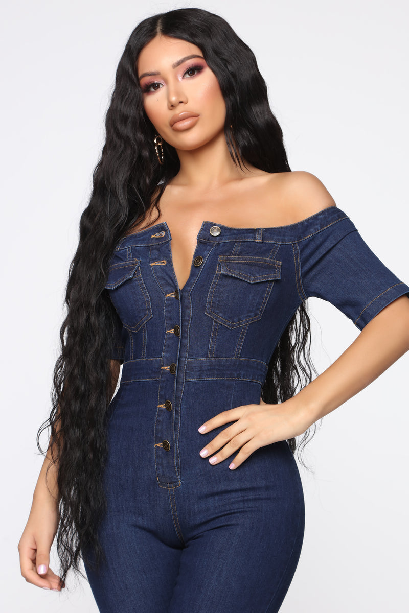 Off the shoulder denim romper cheap