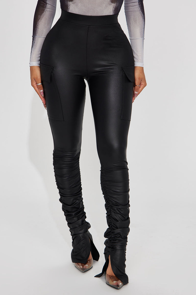 Stacked Up Faux Leather Cargo Legging - Black