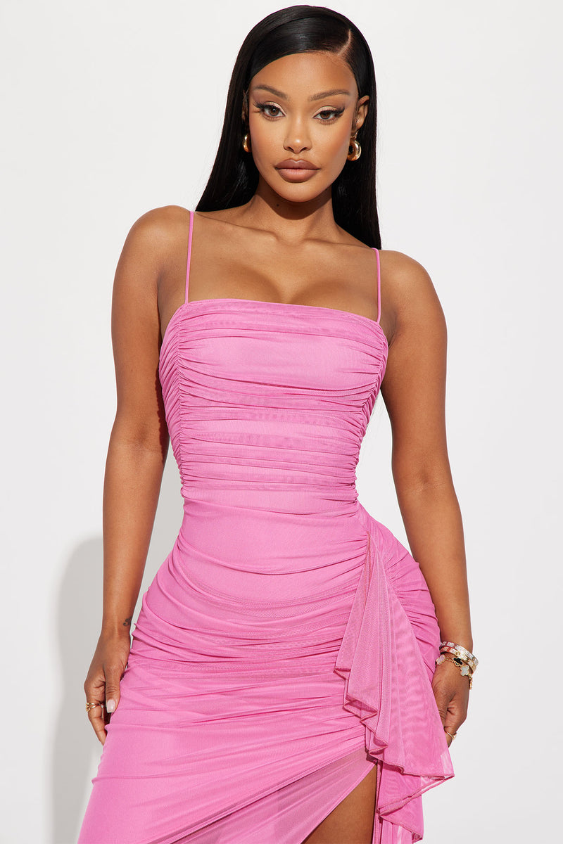 Pink ruched deals bodycon dress