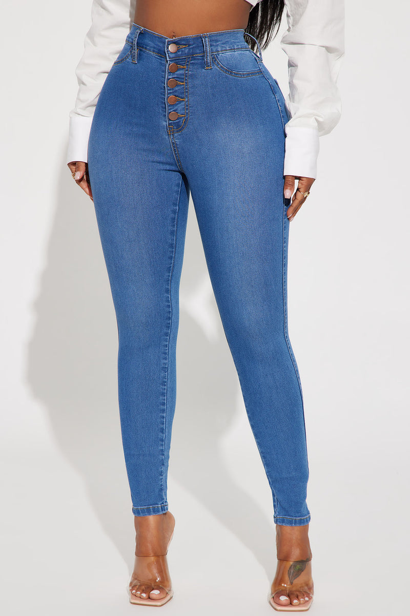 Classic Button Up Skinny Jeans - Medium Blue Wash