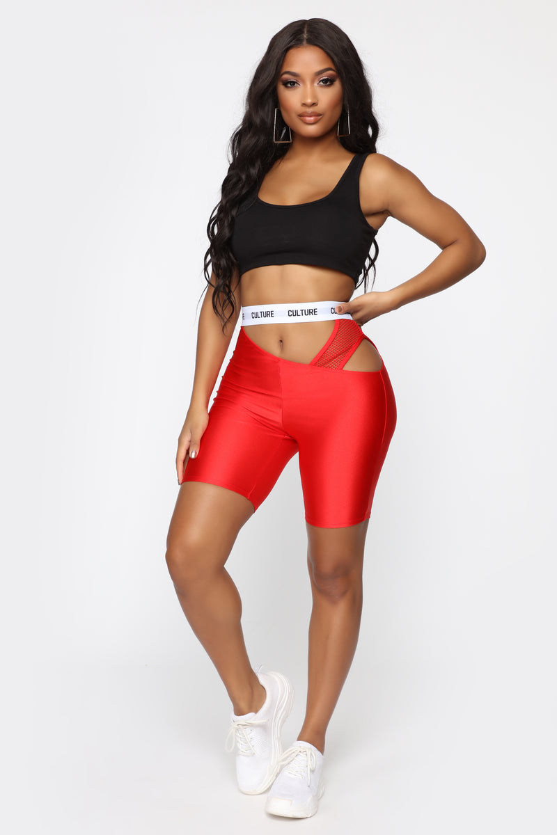 Red biker shorts clearance outfit
