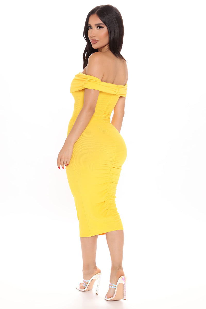 Come To Decide Off Shoulder Midi Dress Yellow Fashion Nova