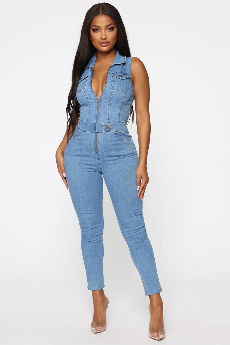 Hitting The Highlights Open Back Denim Jumpsuit (Light Denim)