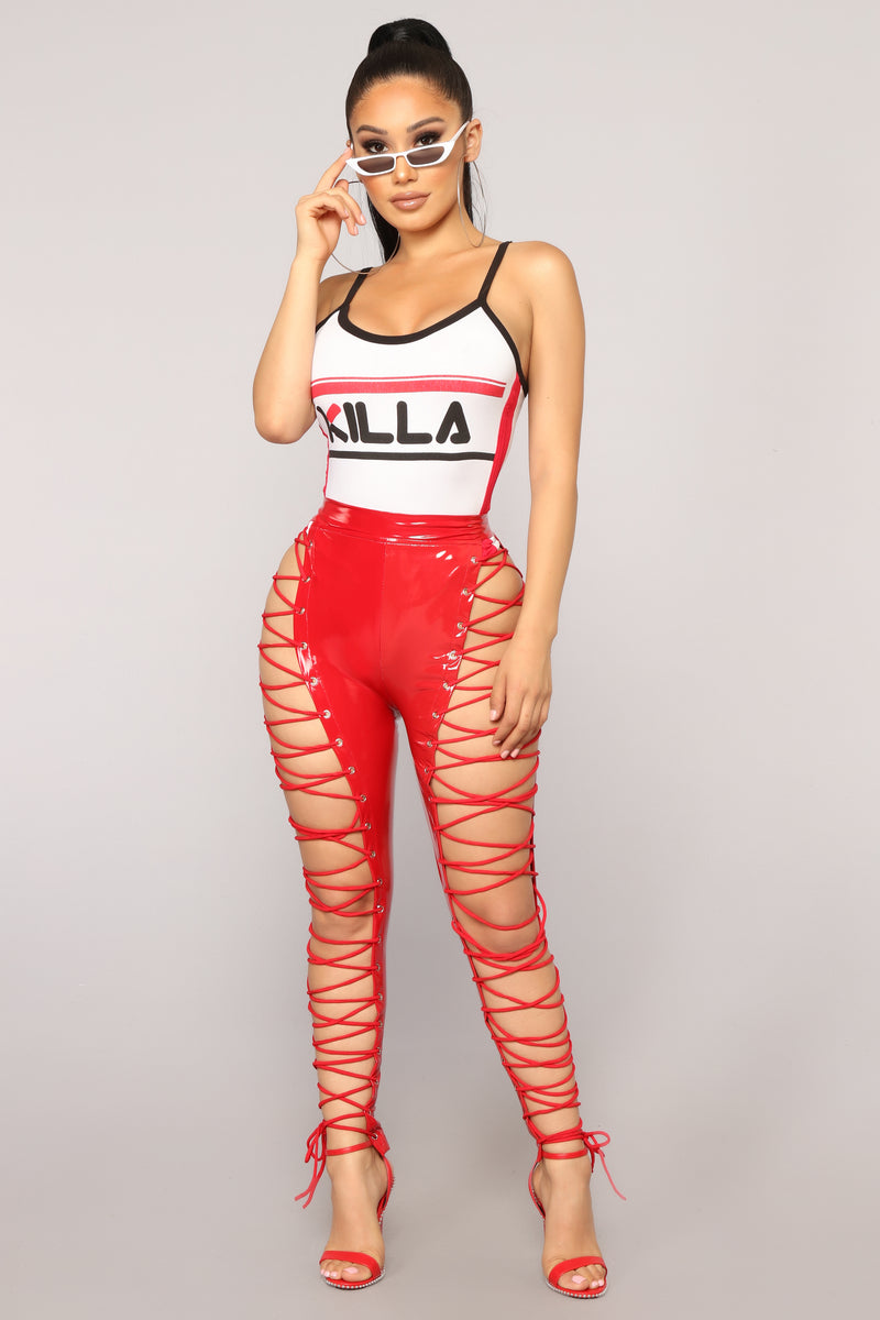 Red vinyl lace up trousers new arrivals