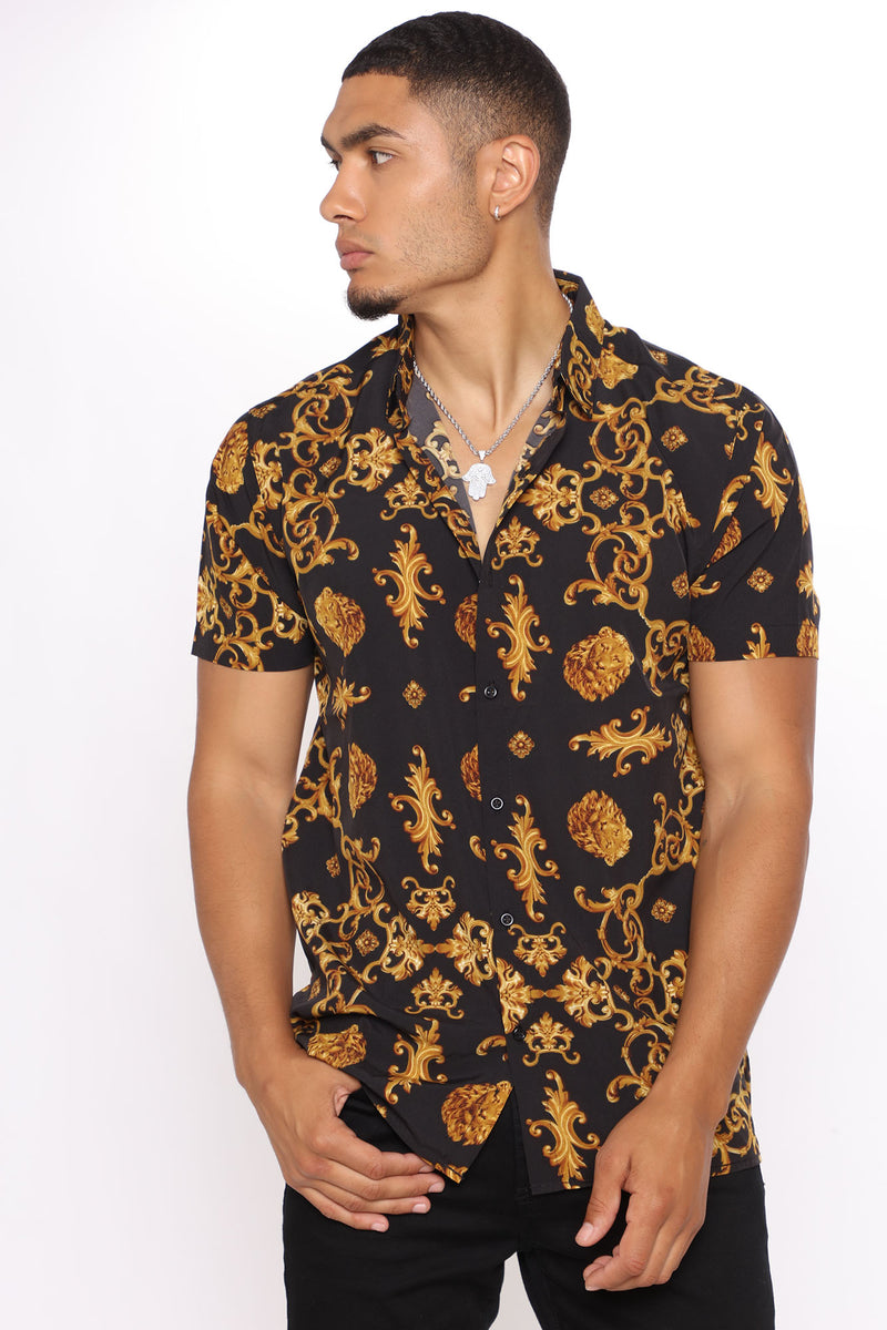 Black and gold short sleeve discount button up